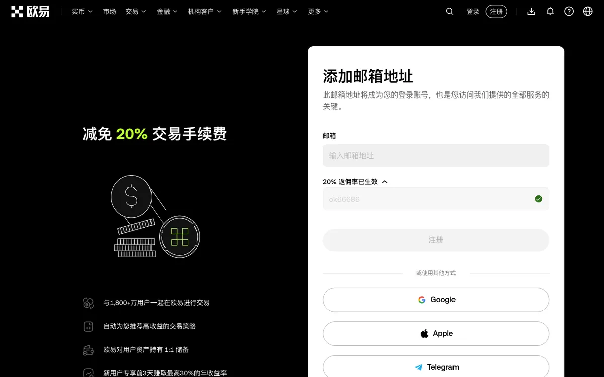okx.com 邀请注册页：右侧「添加邮箱地址」表单，邮箱框下方「20% 返佣率已生效」已点开、带入 ok66686，再往下是注册按钮与 Google、Apple、Telegram 登录